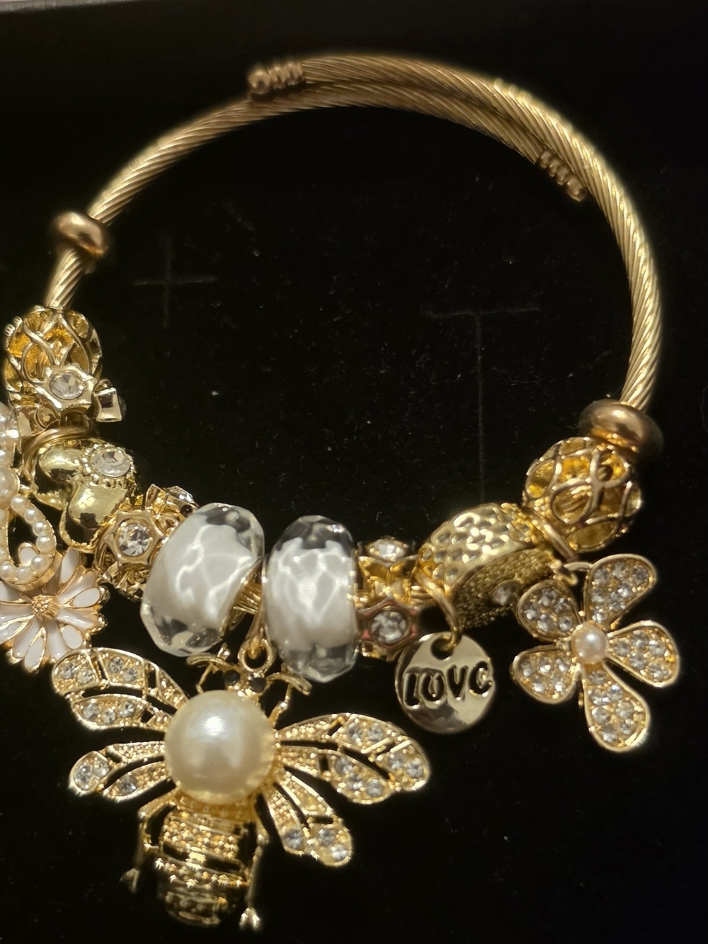 Gold Bee Charm Bangle Bracelet with White Murano Beads